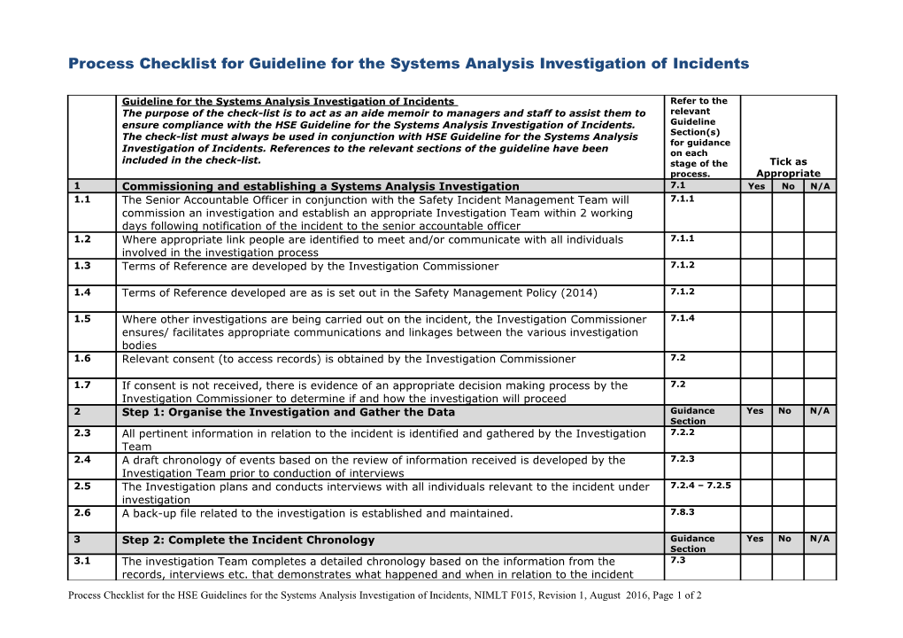 Appendix 1: Process Checklist for Guideline for the Systems Analysis Investigation of Incidents