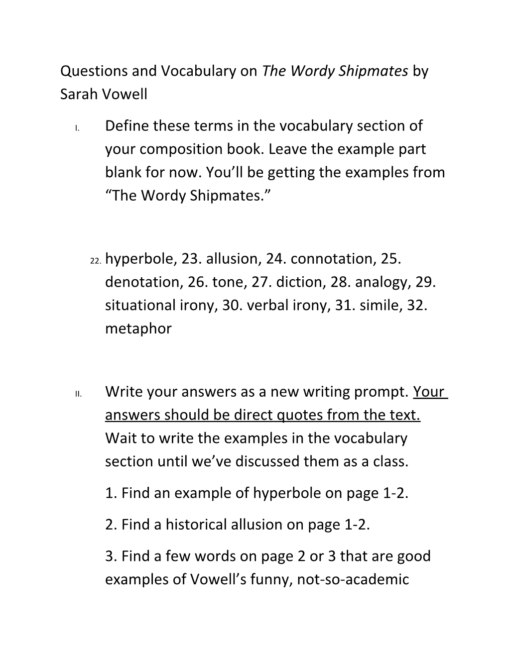 Questions and Vocabulary on the Wordy Shipmates by Sarah Vowell