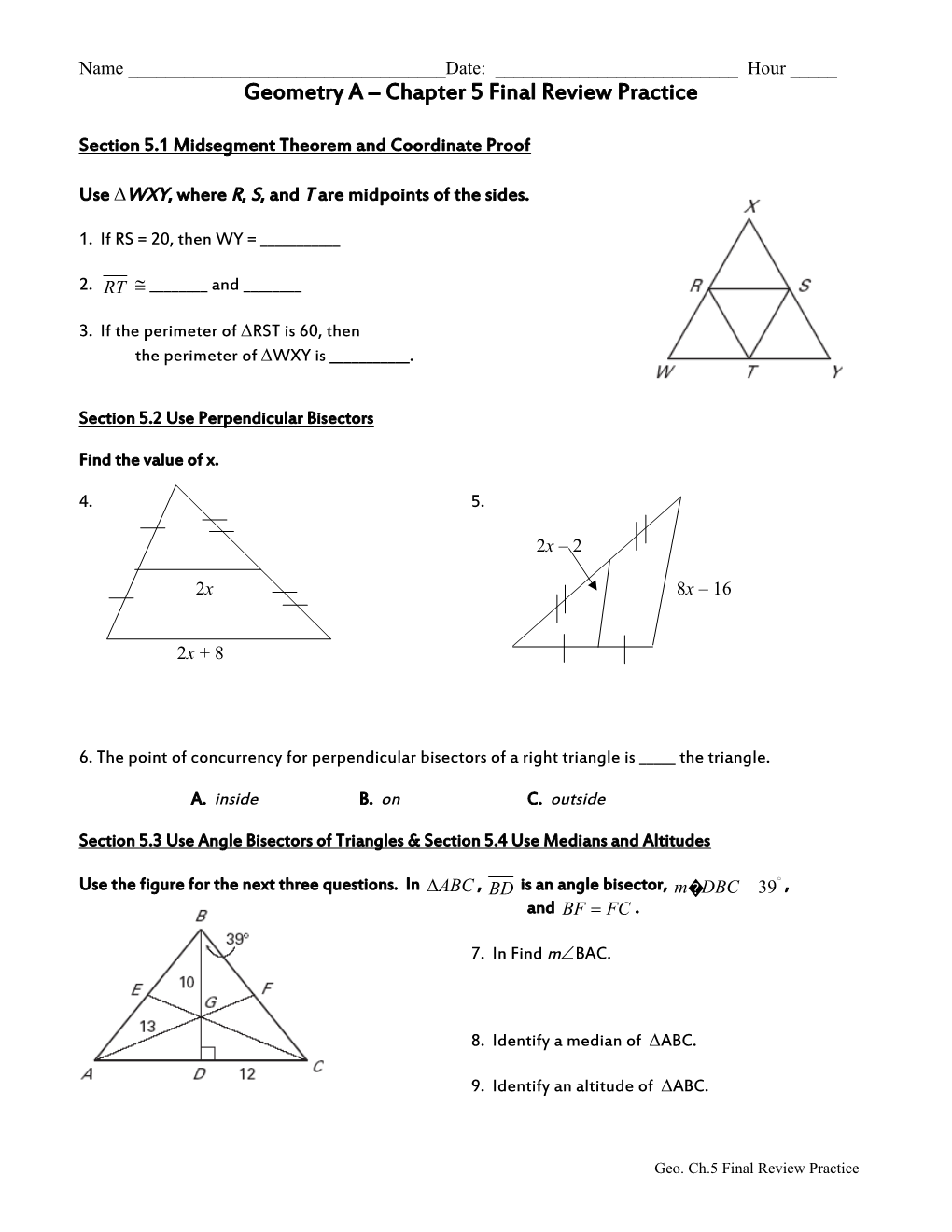 Geometry a Chapter 5 Final Review Practice
