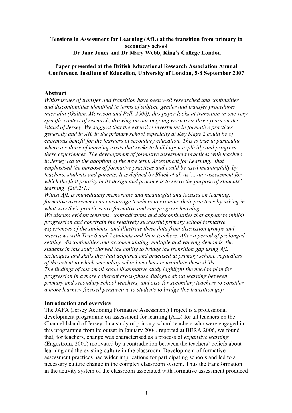 Tensions in Assessment for Learning (Afl) at the Transition from Primary to Secondary School