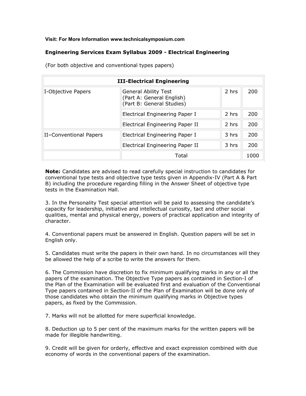 Engineering Services Exam Syllabus 2009 - Electrical Engineering