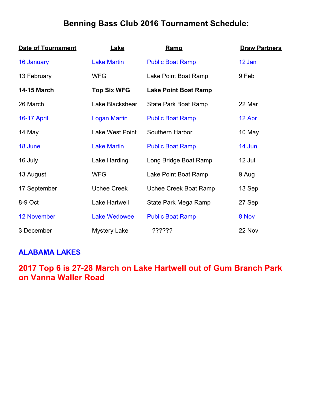 Benning Bass Club 2010 Tournament Schedule