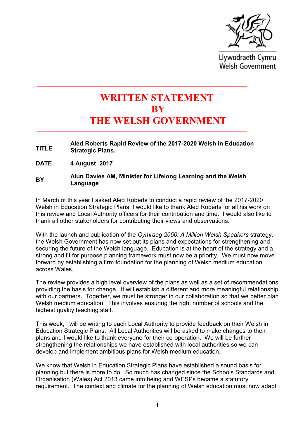 Aled Roberts Rapid Review of the 2017-2020 Welsh in Education Strategic Plans
