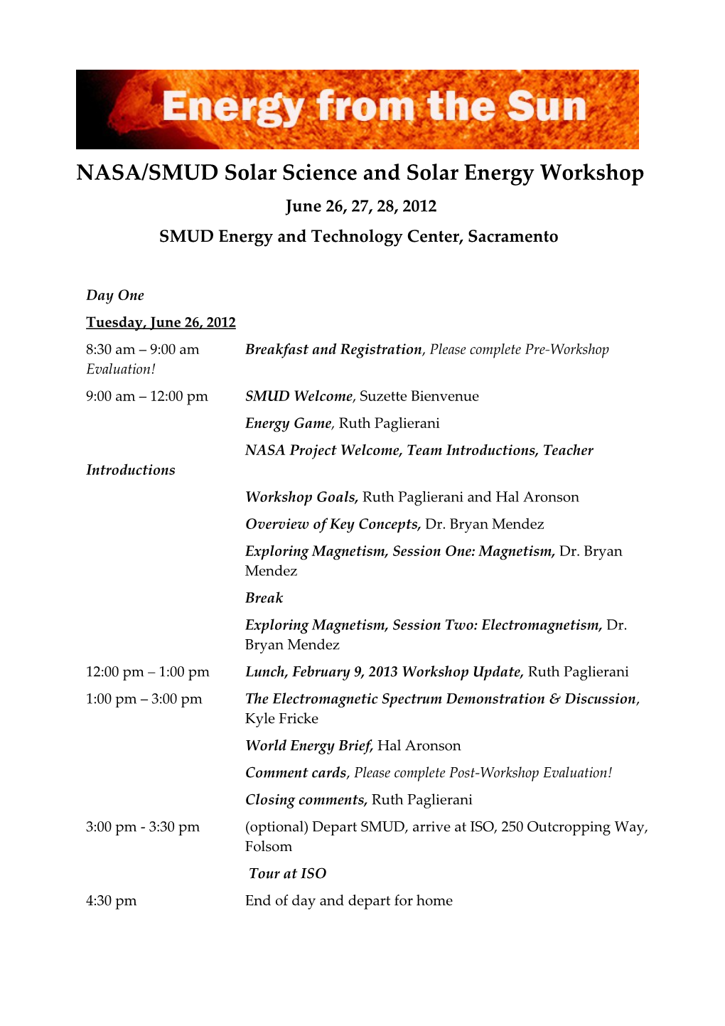 NASA/SMUD Solar Science and Solar Energy Workshop