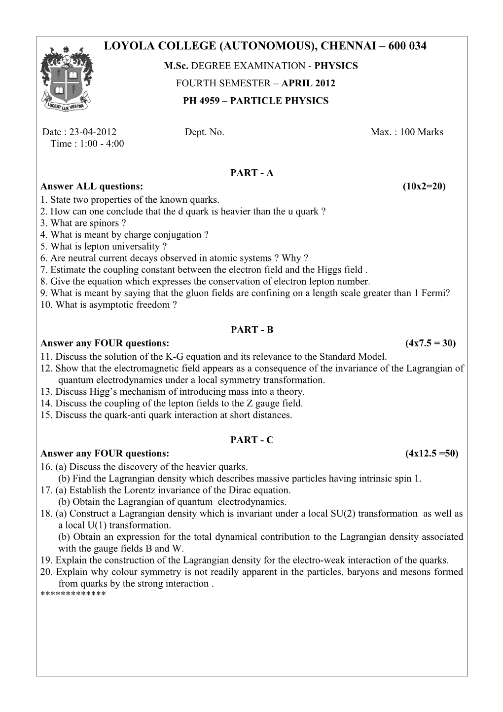 M.Sc. DEGREE EXAMINATION - PHYSICS