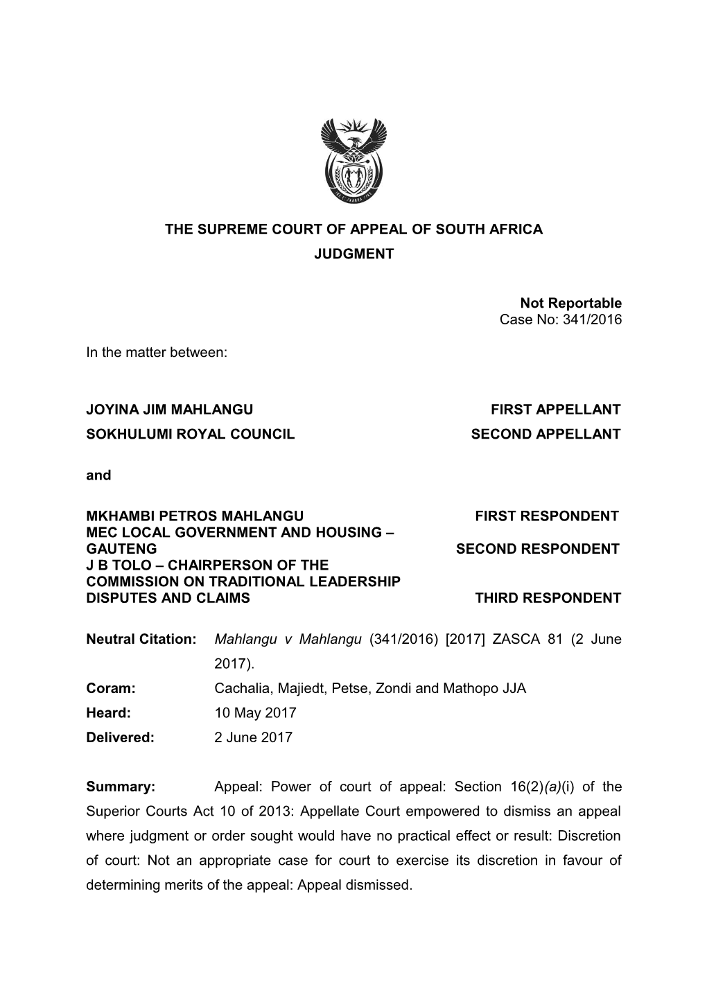 The Supreme Court of Appeal of South Africa