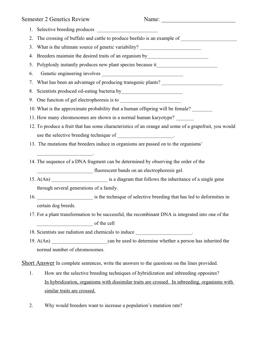 Unit 4 Test A- Genetics