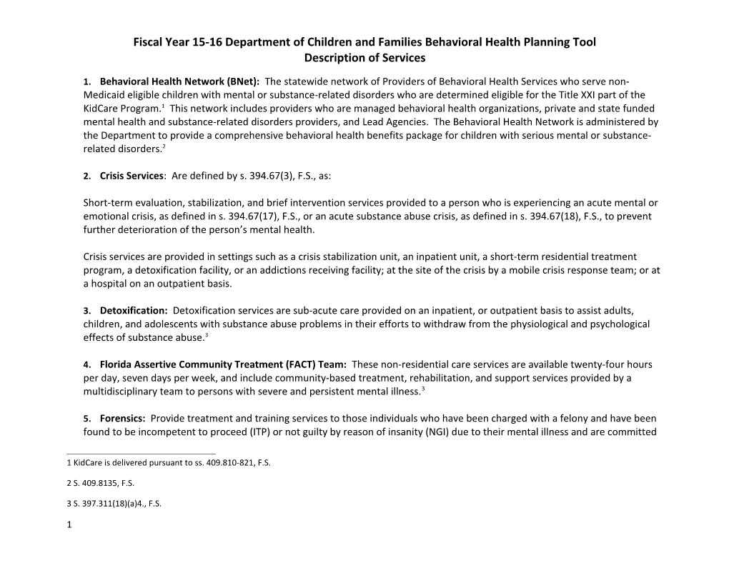 Fiscal Year 15-16 Department of Children and Families Behavioral Health Planning Tool