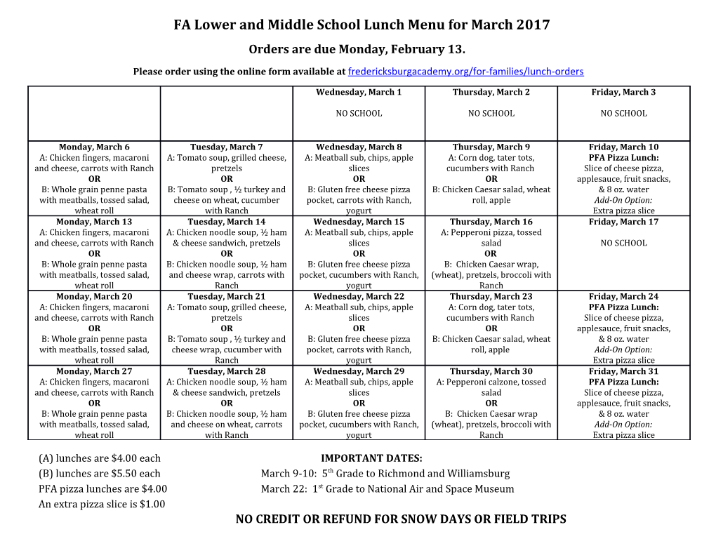FA Lower and Middle School Lunch Menu for March 2017