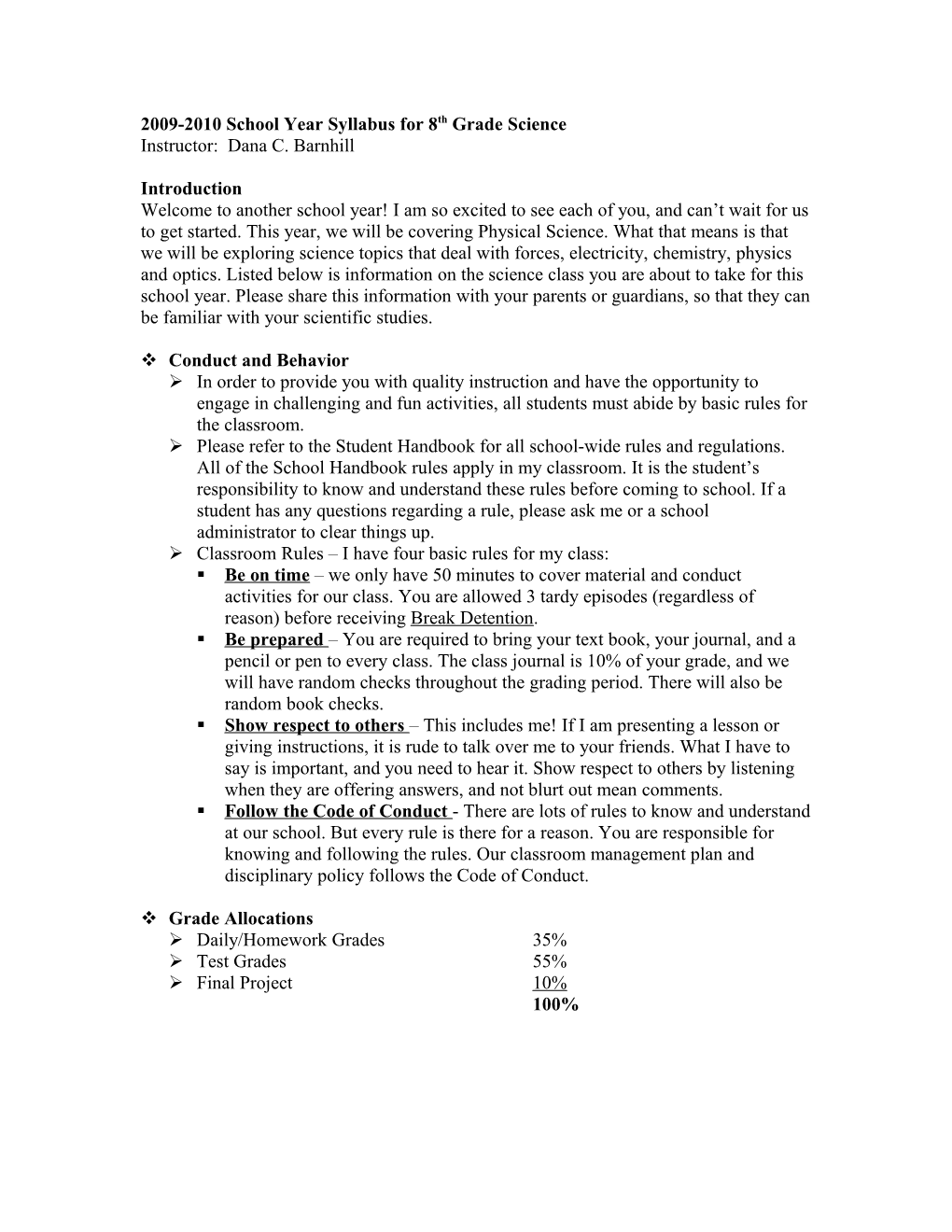 2006-2007 School Year Syllabus for 8Th Grade Science