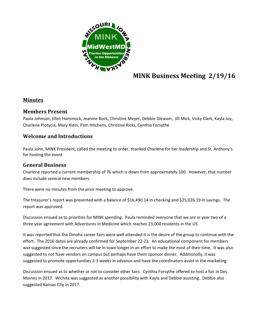 MINK Midwestmd Business Meeting Minutes: 2/19/16