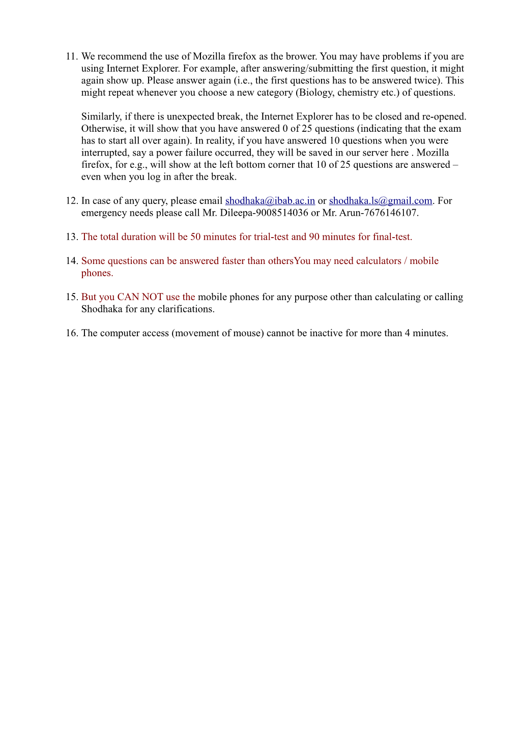 Instructions for the Final Online Test Being Conducted