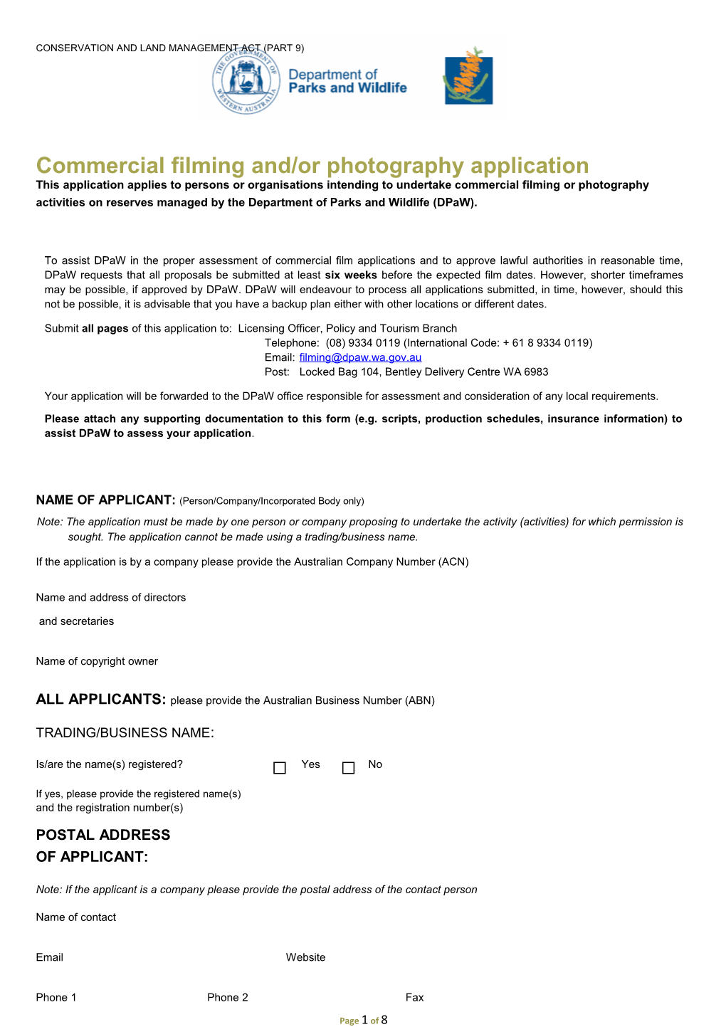 Commercial Filming And/Or Photography Application