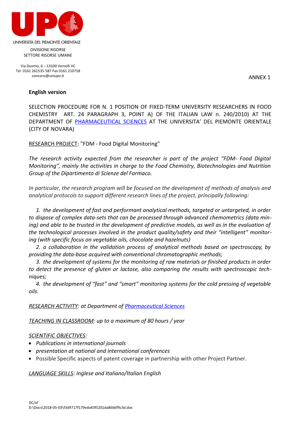 RESEARCH PROJECT: FDM - Food Digital Monitoring