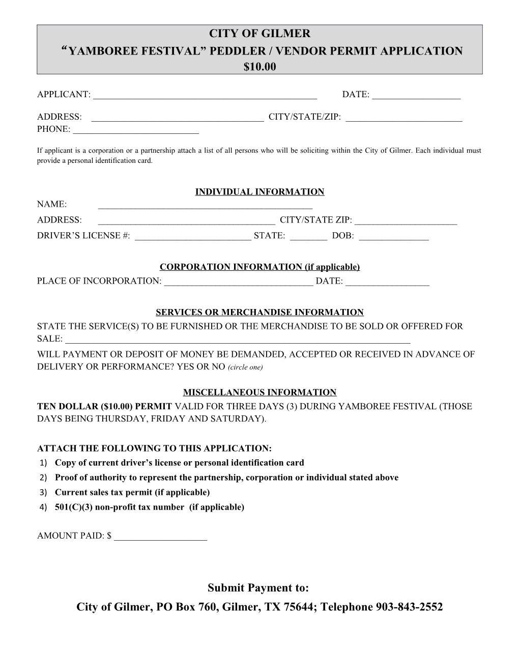 Yamboree Festival Peddler / Vendor Permit Application $10.00