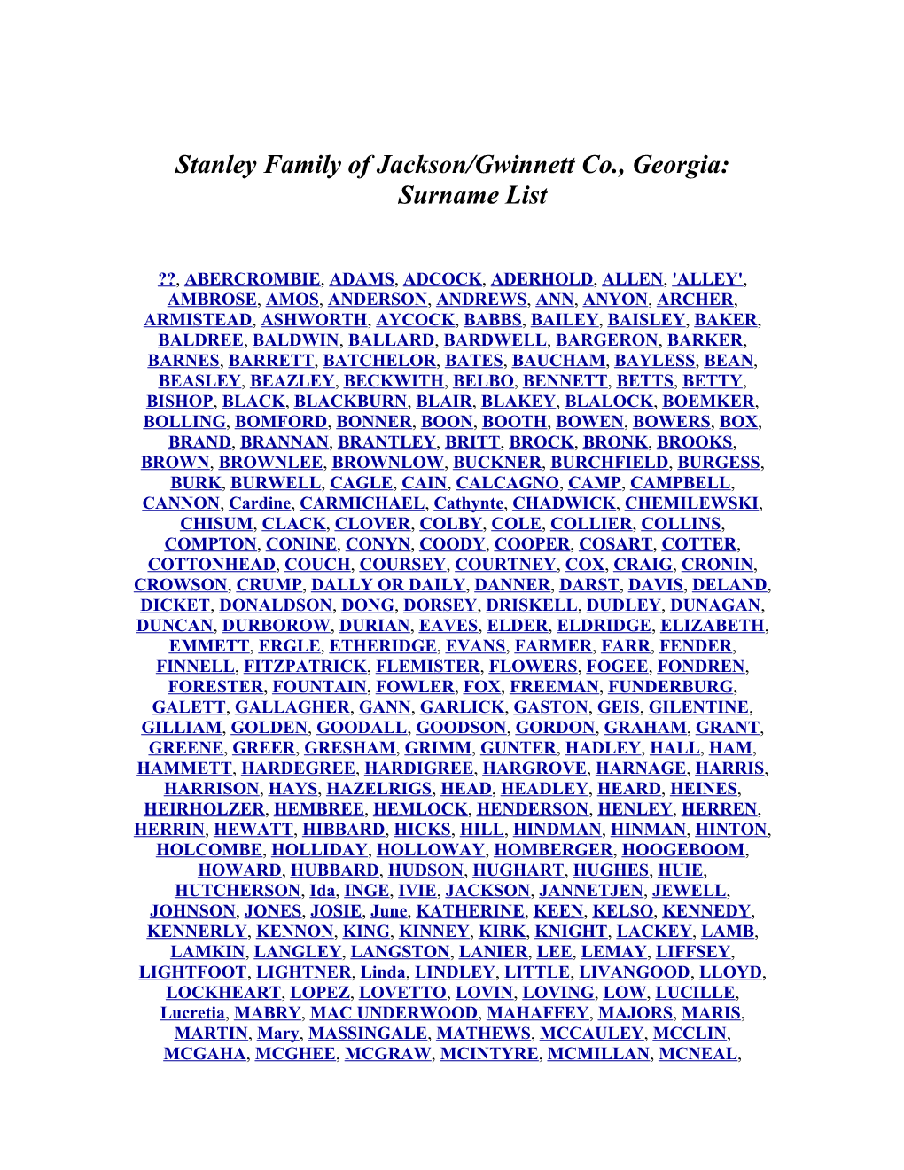 Stanley Family of Jackson/Gwinnett Co., Georgia:Surname List