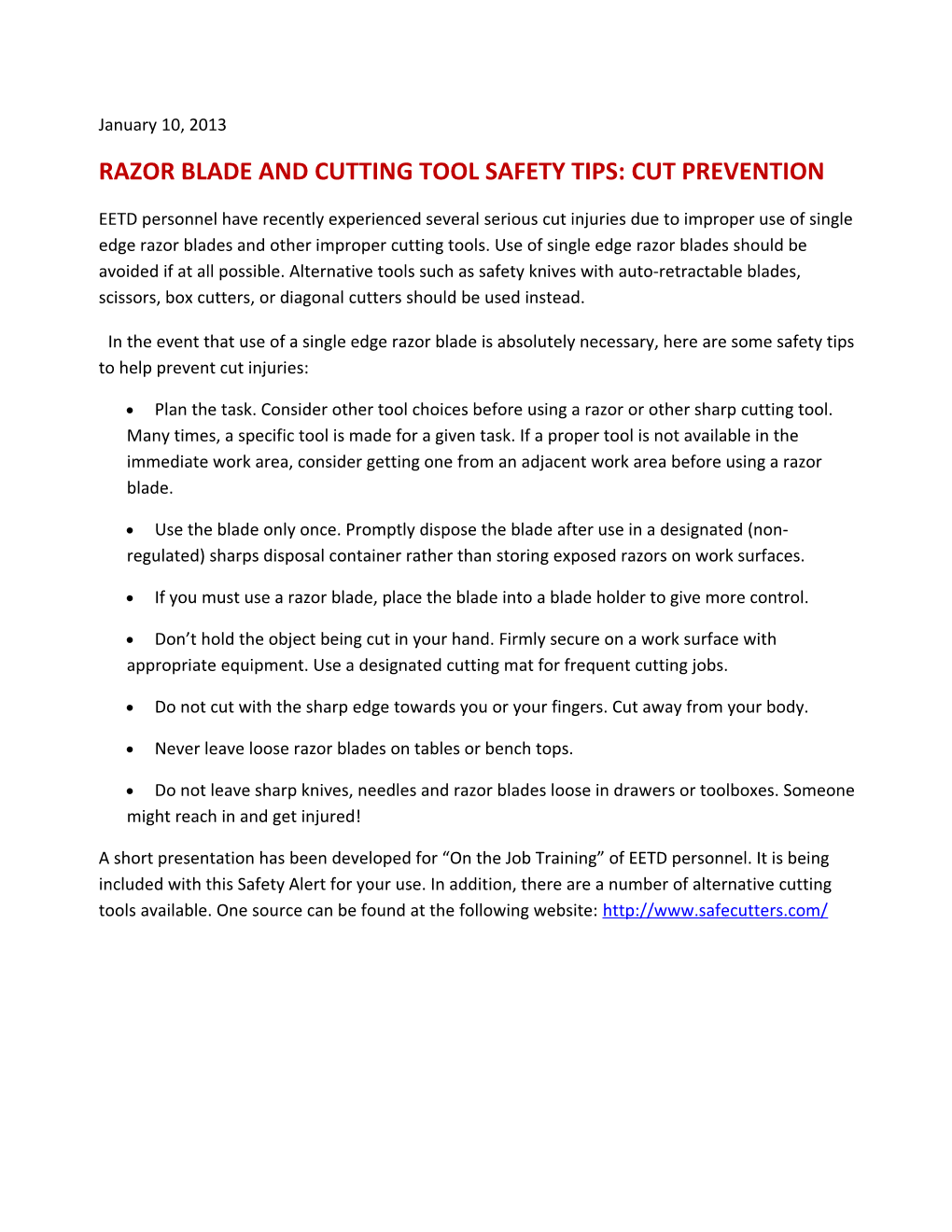 Razor Blade and Cutting Tool Safety Tips: Cut Prevention