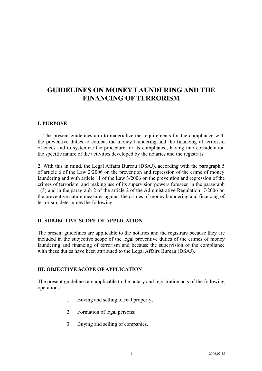 Guidelines on Money Laundering and the Financing of Terrorism