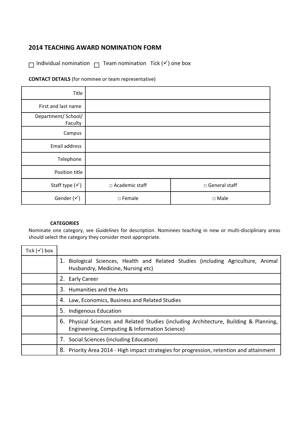 2014 Teaching Award Nomination Form