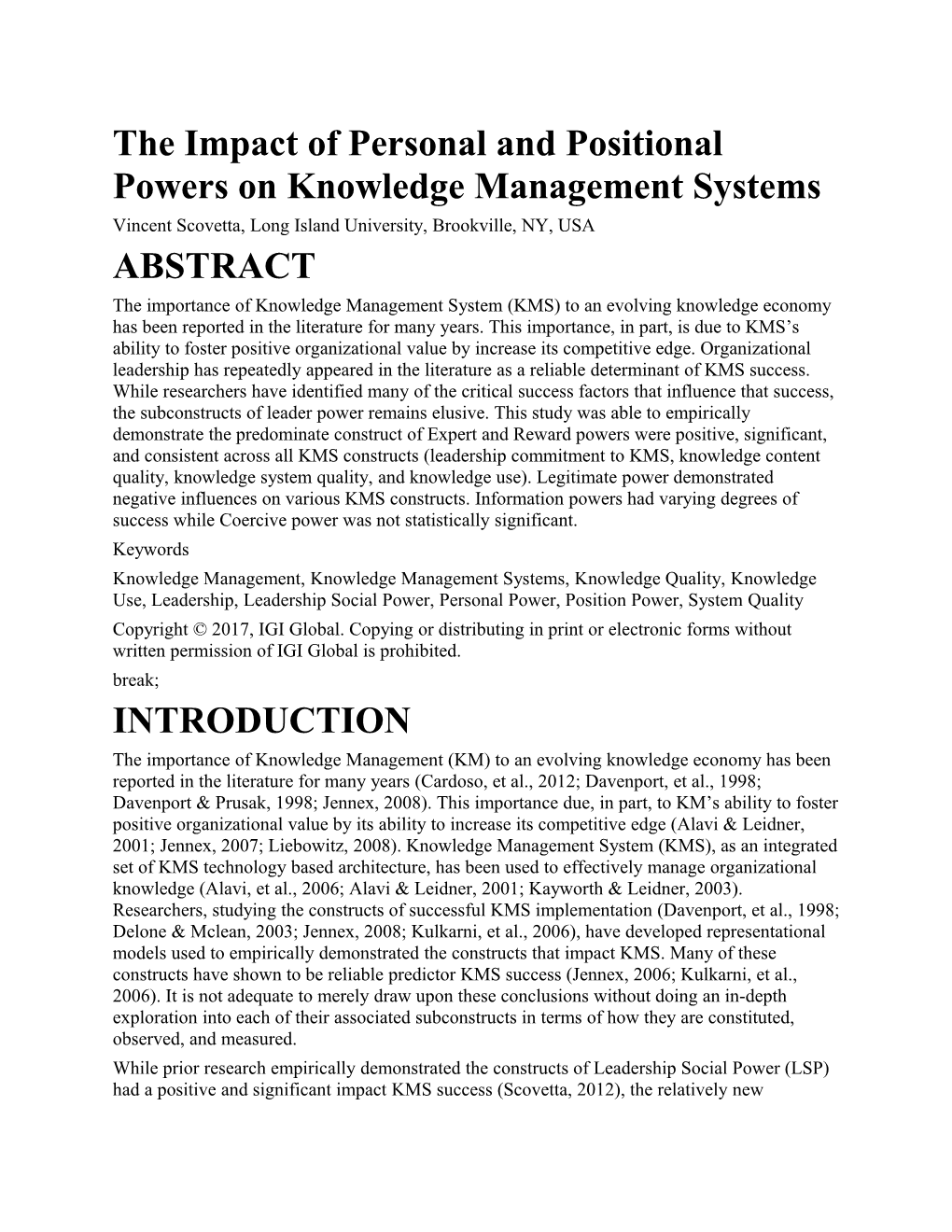 The Impact of Personal and Positional Powers on Knowledge Management Systems