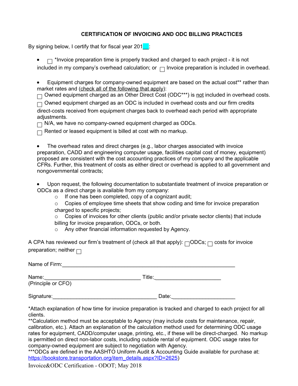 Certification of Direct and Indirect Accounting Practices