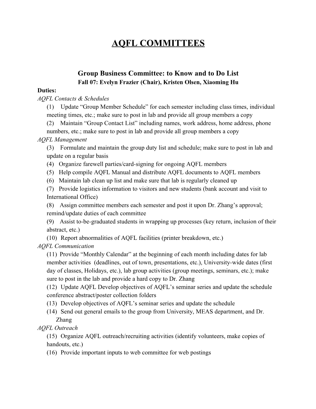 Group Business Committee: to Know and to Do List