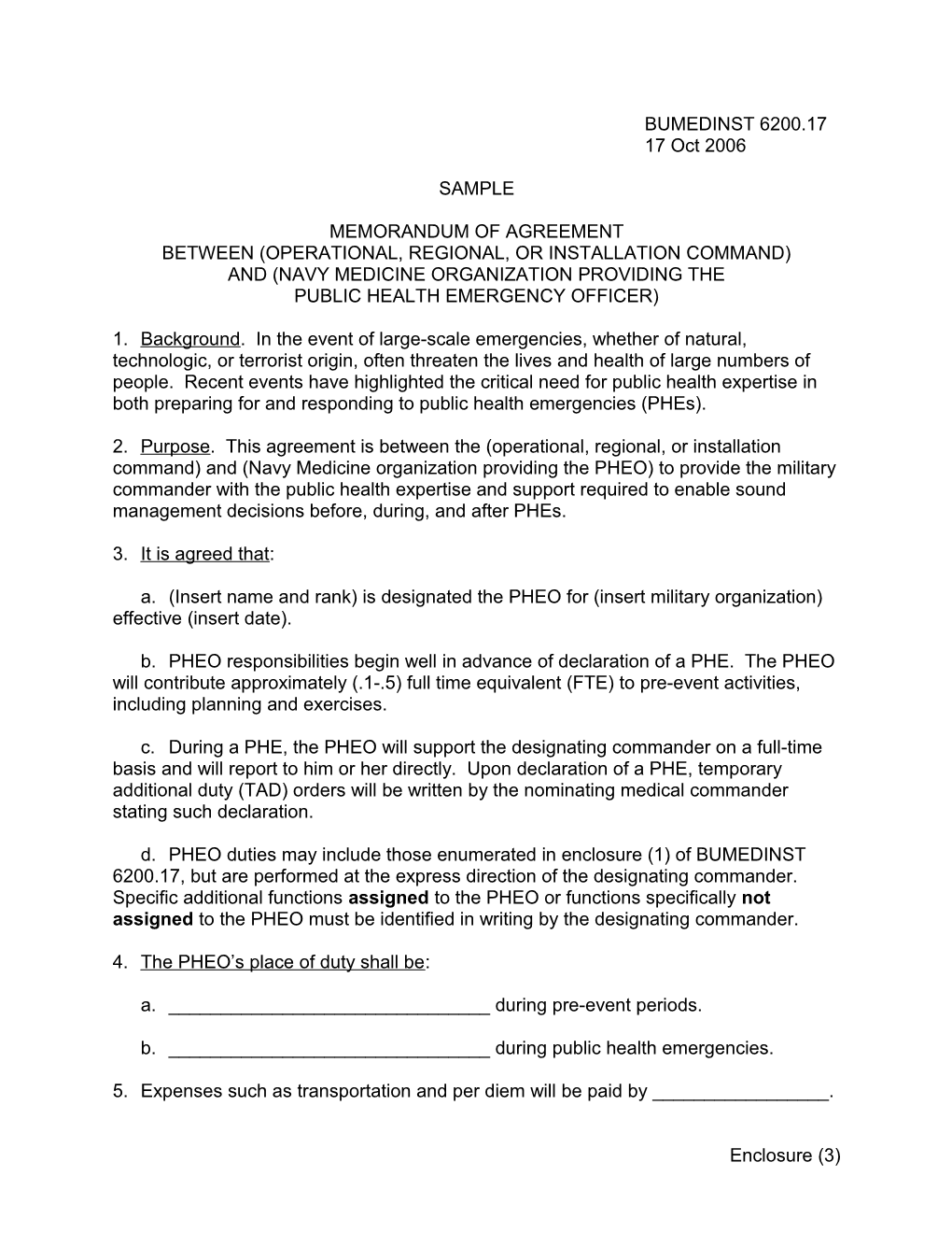 Sample Memorandum of Agreement Between (Operational, Regional, Or Installation Command)