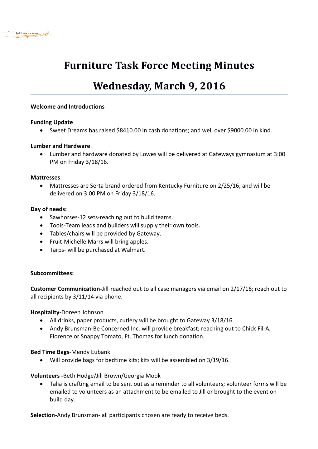 Furniture Task Force Meeting Minutes