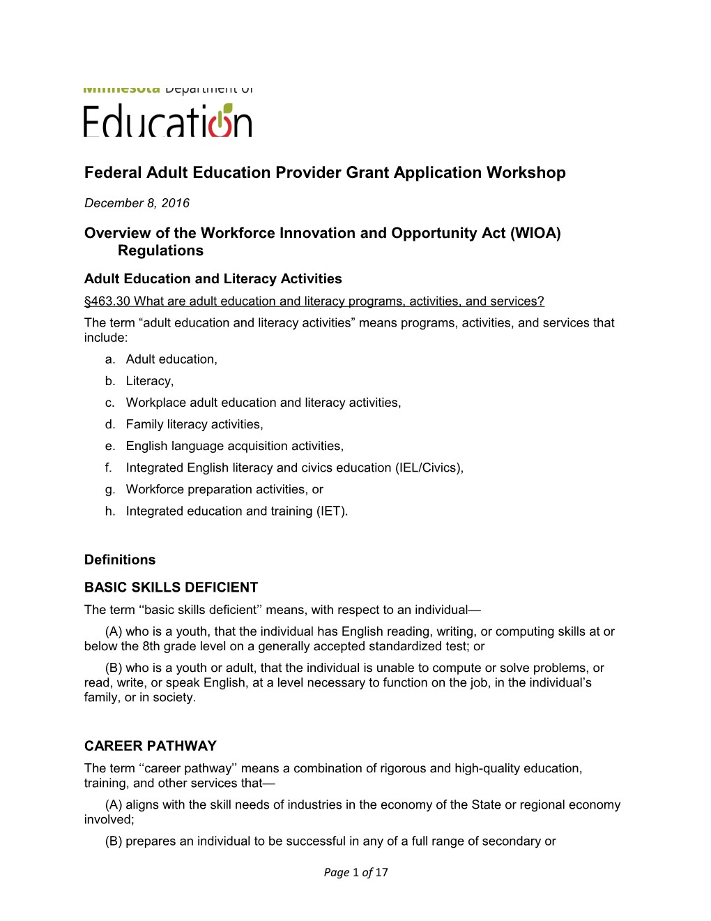 Federal Adult Education Provider Grant Application Workshop