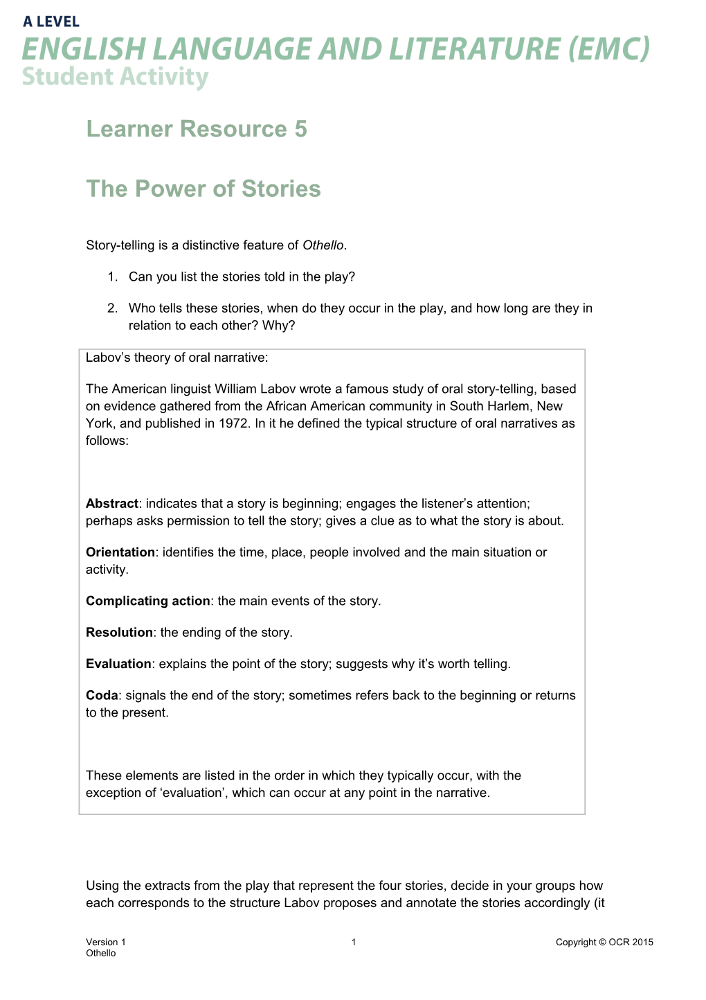 OCR a Level English Language and Literature Learner Resource the Power of Stories