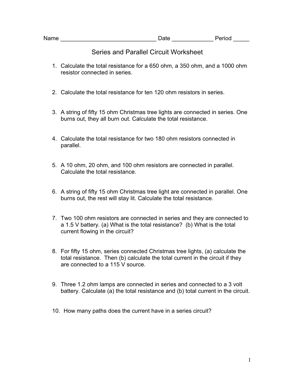 Series and Parallel Circuit Worksheet