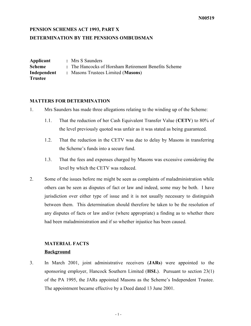 Pension Schemes Act 1993, Part X s10