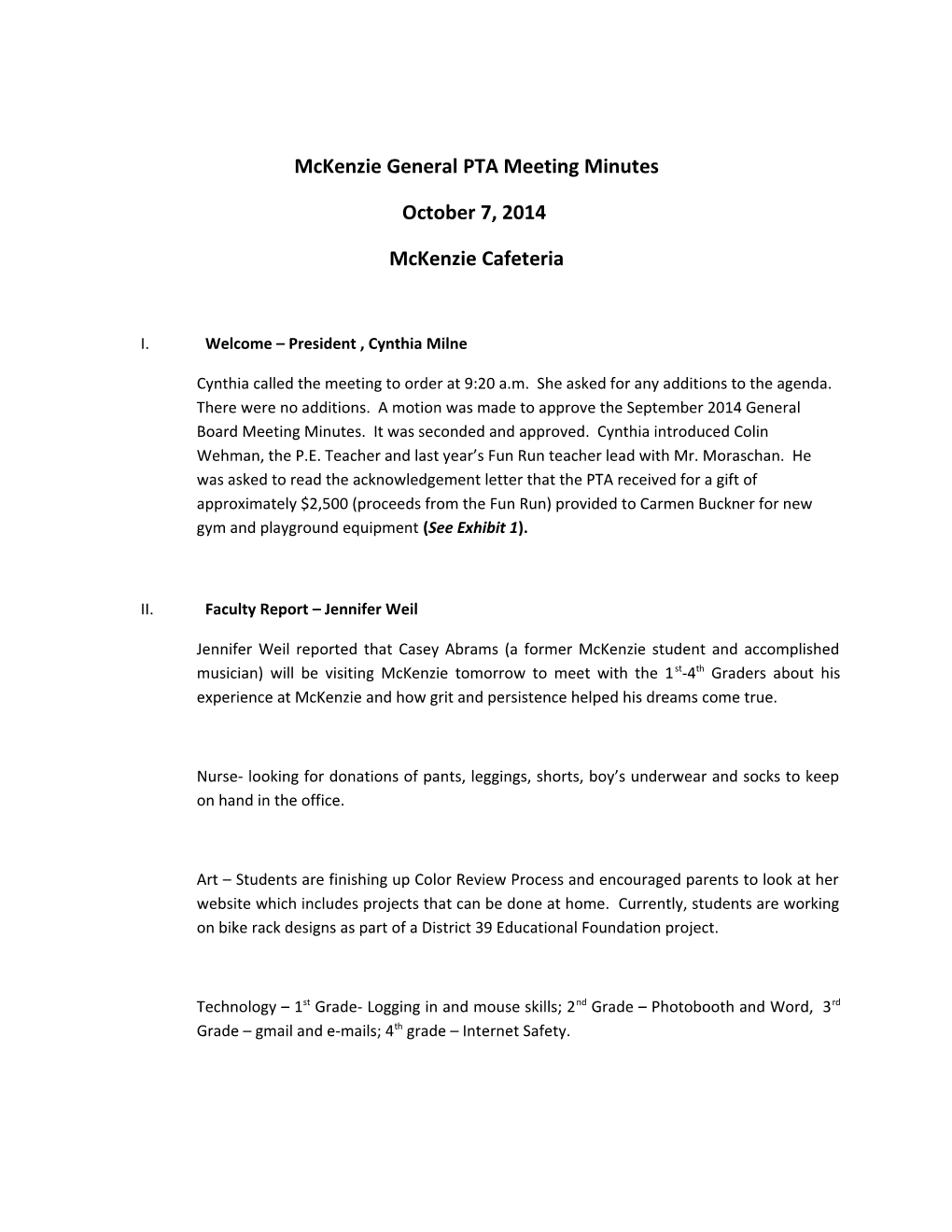 Mckenzie General PTA Meeting Minutes