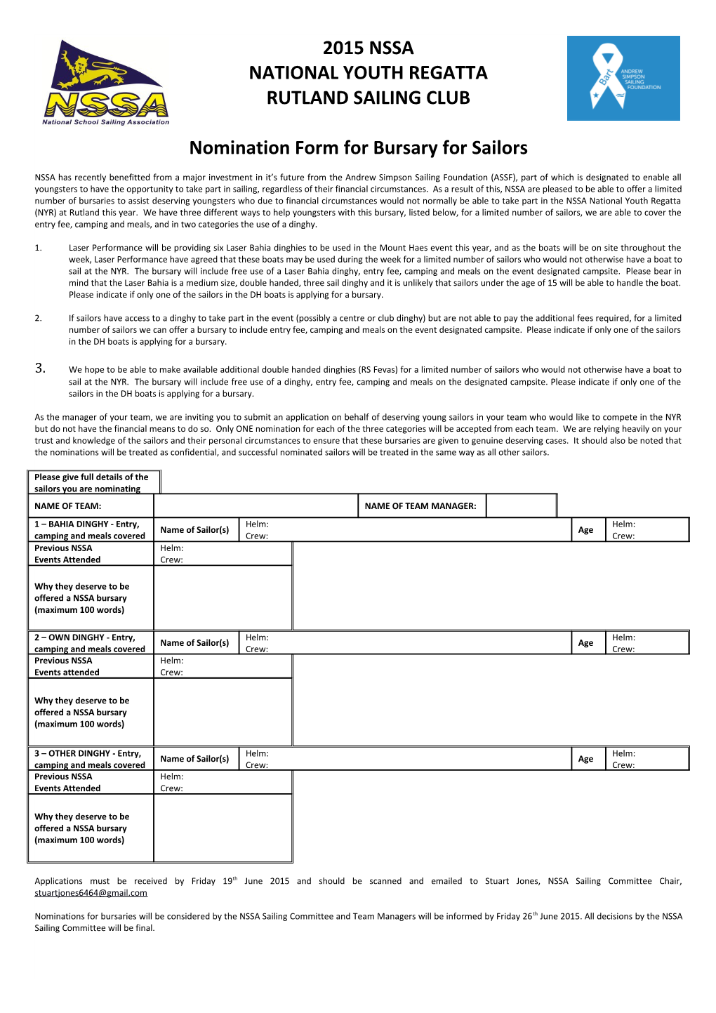 Nomination Form for Bursary for Sailors