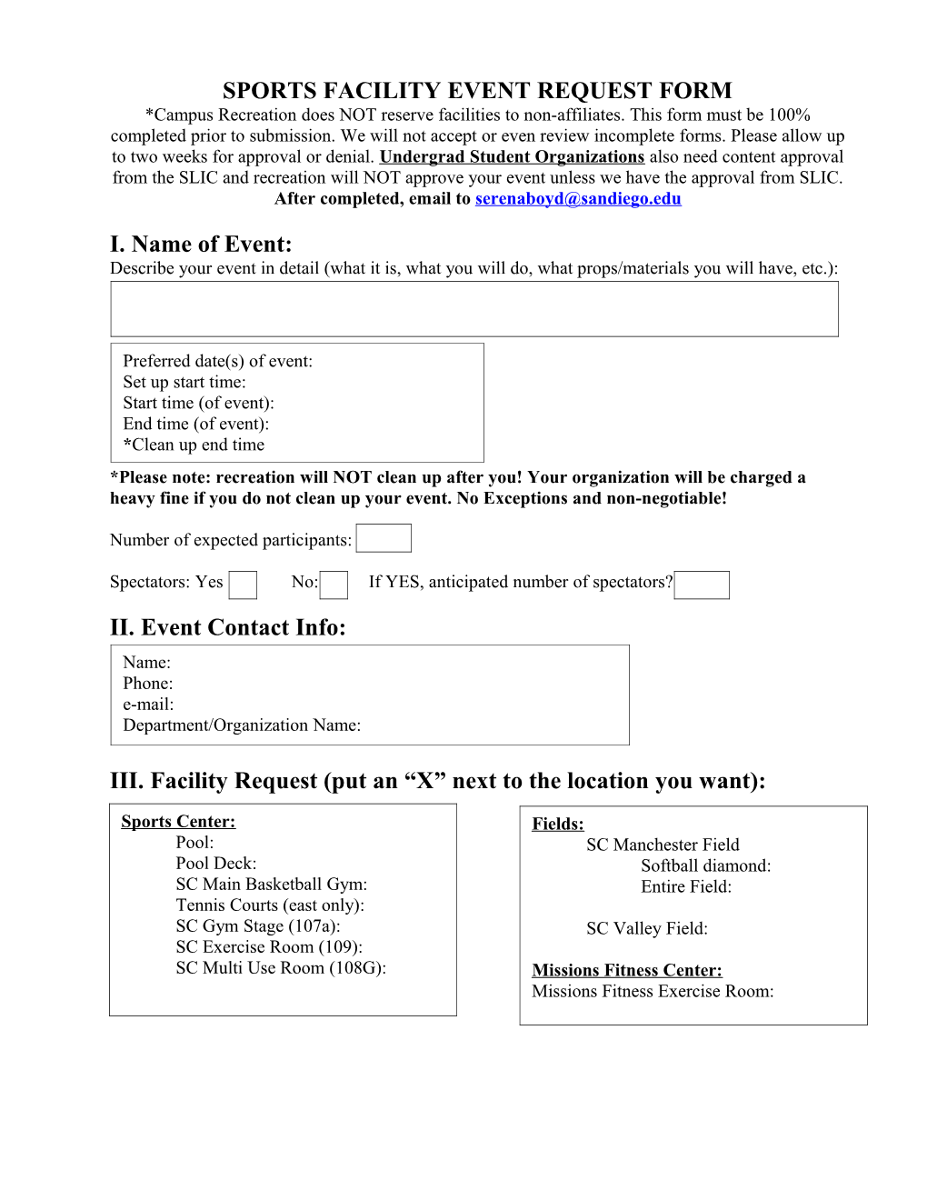 Sports Facility Event Request Form