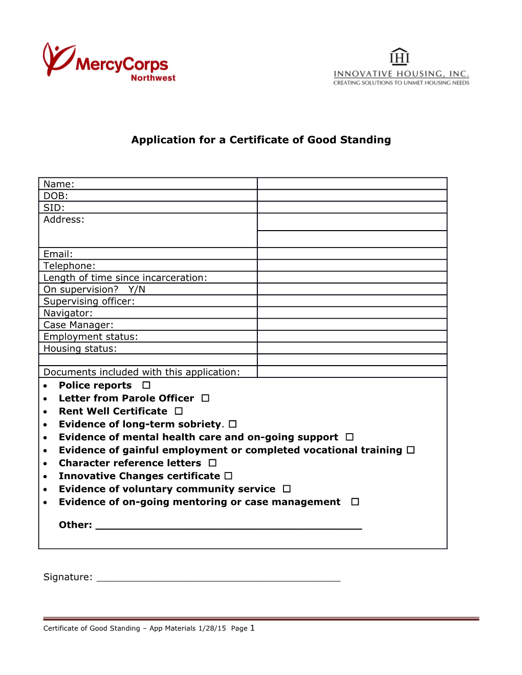Application for a Certificate of Good Standing
