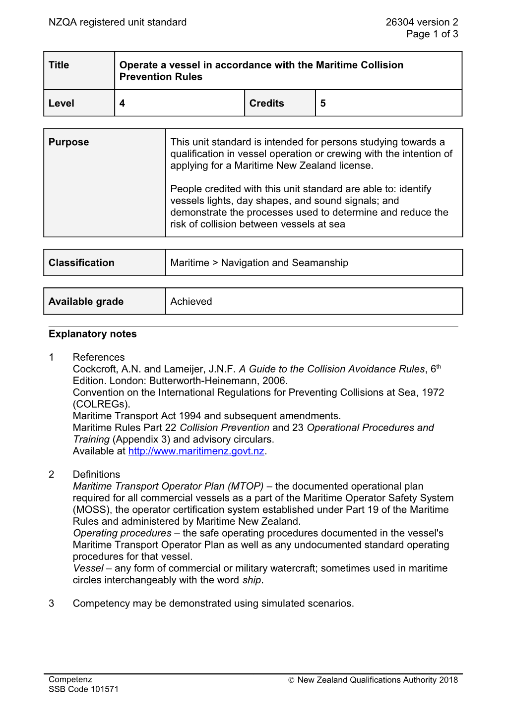 26304 Operate a Vessel in Accordance with the Maritime Collision Prevention Rules