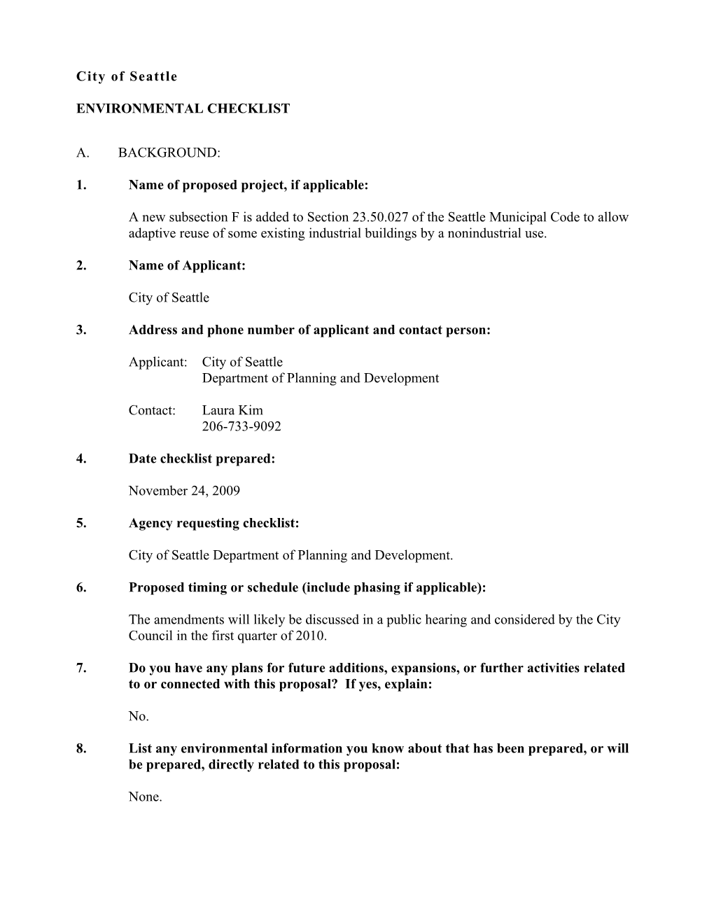 Shuffleton Steam Plant Decommissioning Environmental Checklist