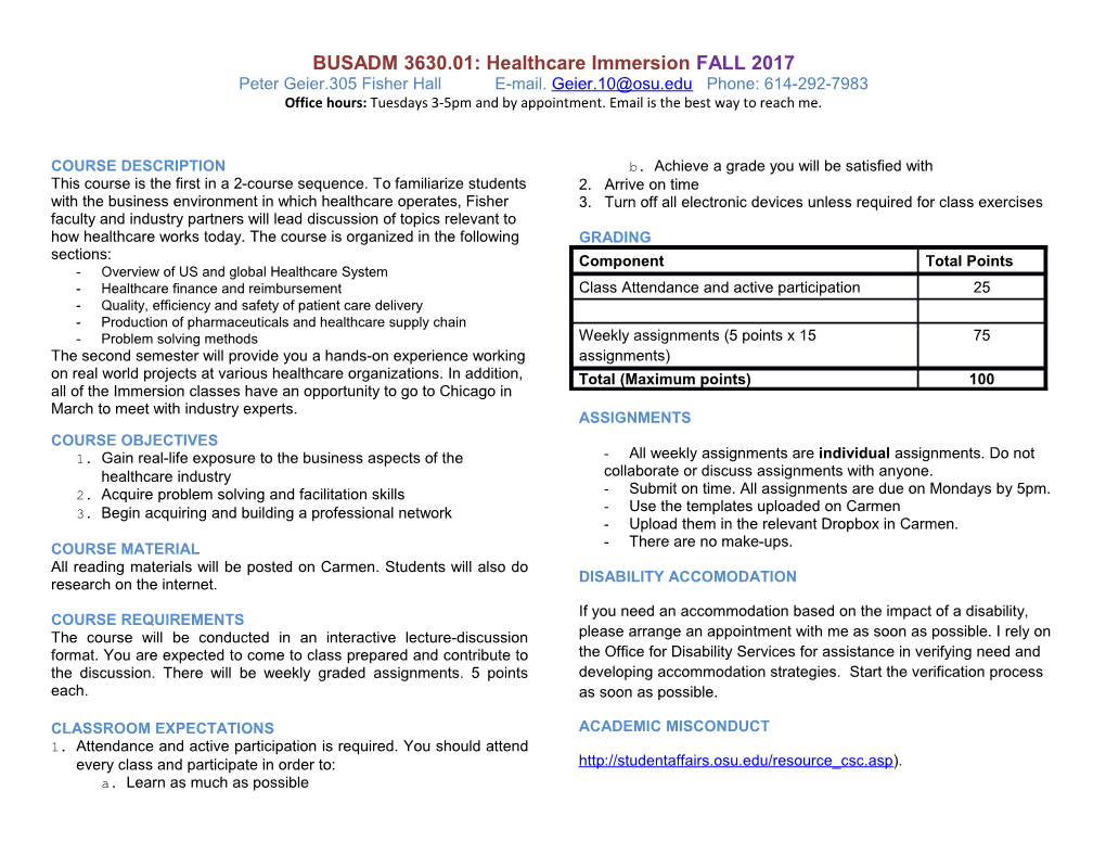 BUSADM 3630.01: Healthcare Immersion FALL 2017