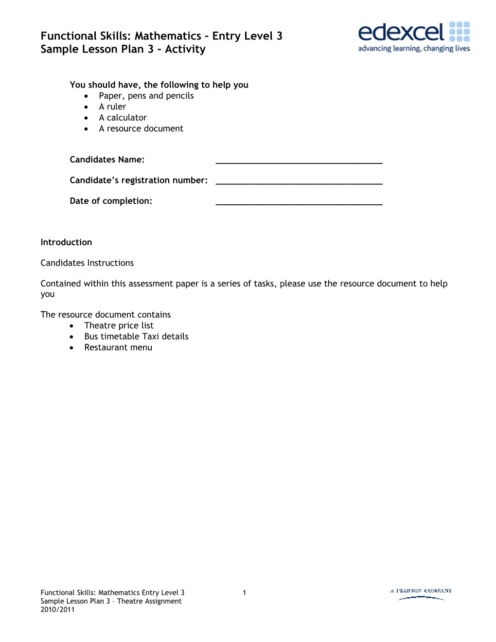 Mathematics Entry 3 - Functional Skills Lesson Plan 3 Activity