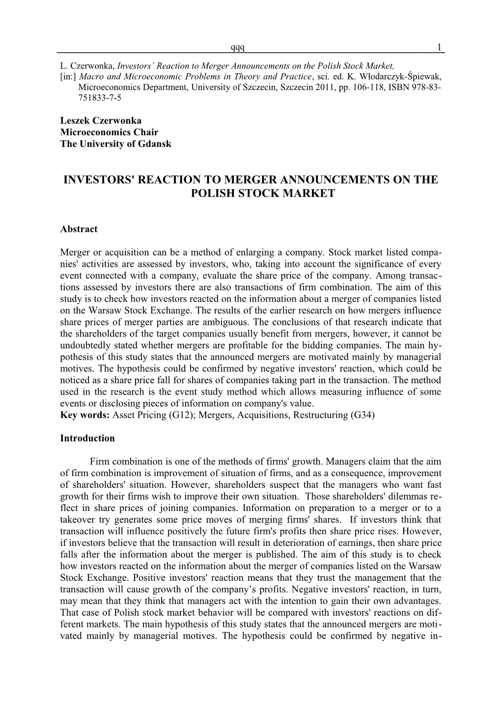 L. Czerwonka, Investors Reaction to Merger Announcements on the Polish Stock Market