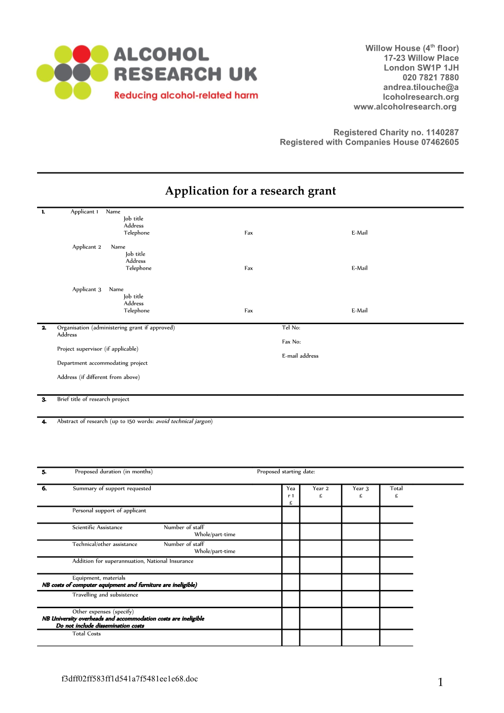 Application for a Research Grant