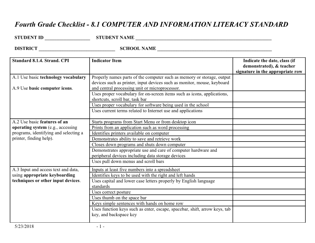 Fourth Grade Checklist - 8.1 COMPUTER and INFORMATION LITERACY STANDARD