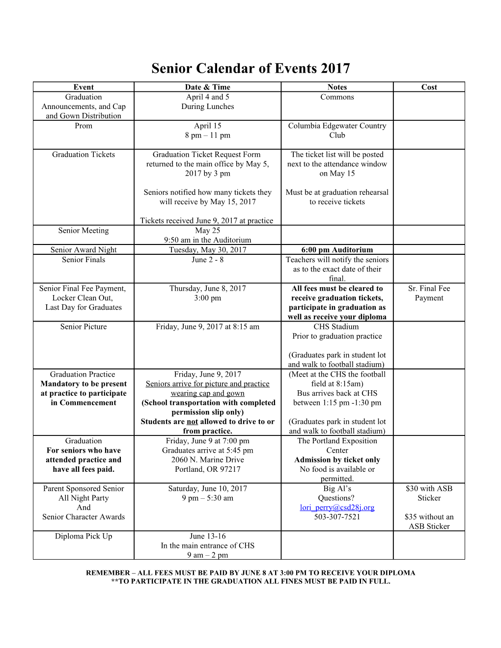Senior Calendar of Events 2008