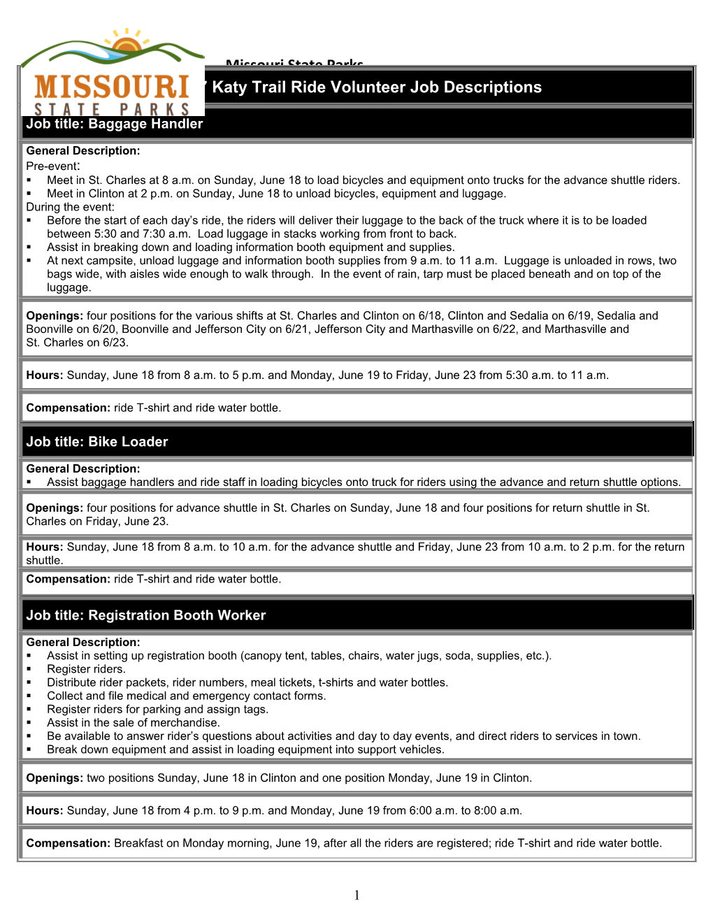 2004 Katy Trail Ride Volunteer Job Descriptions