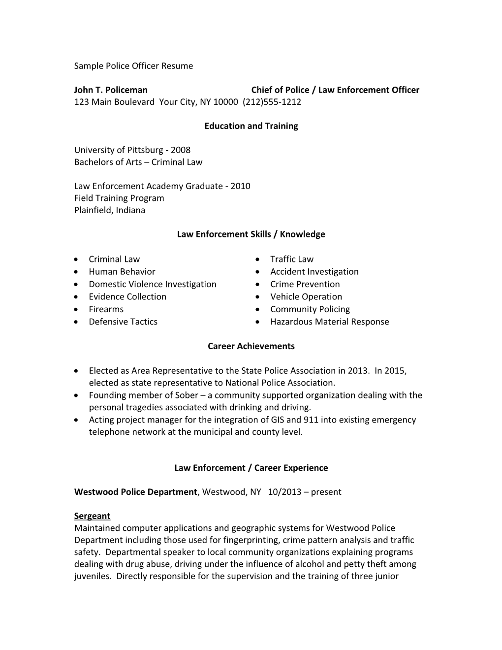 Sample Police Officer Resume