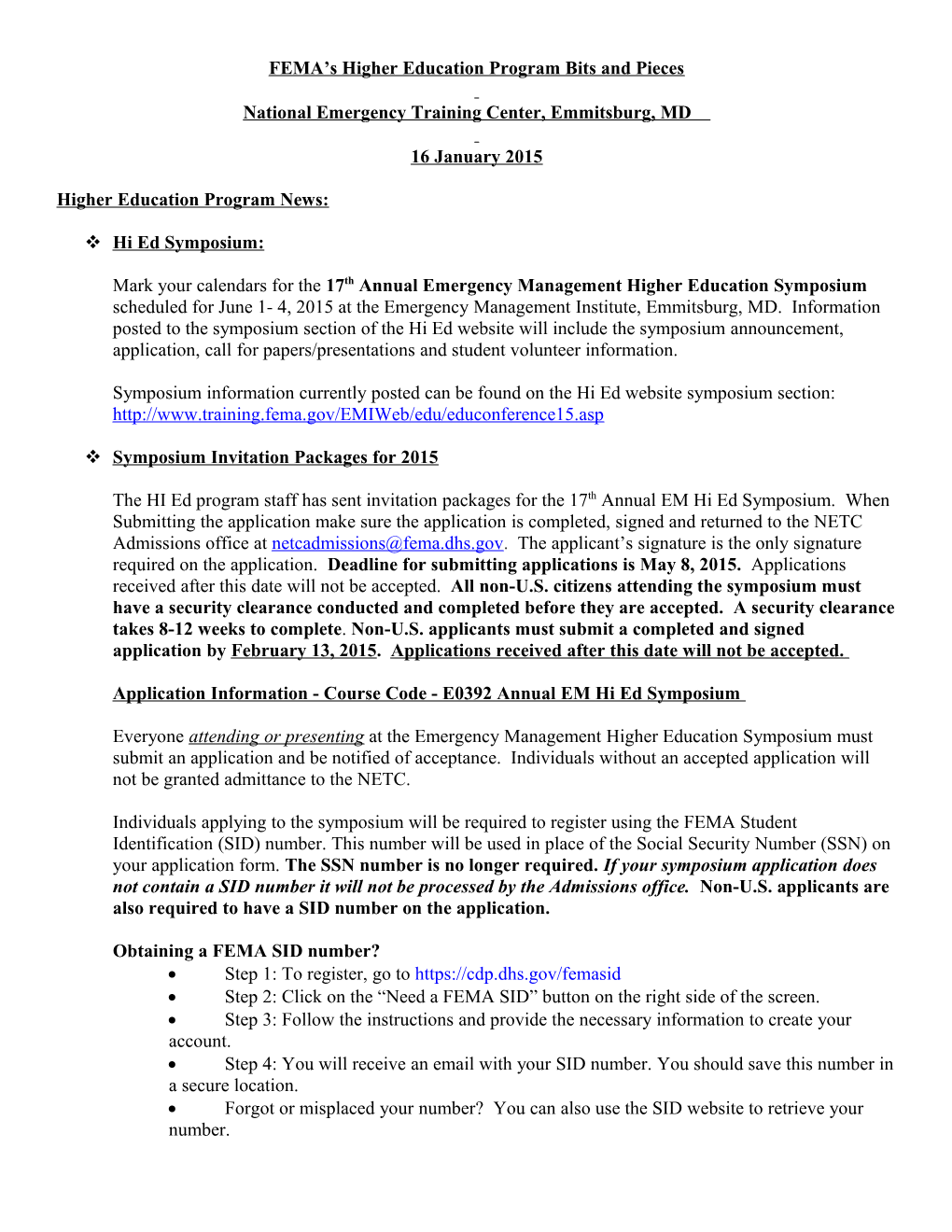 FEMA S Higher Education Program Bits and Pieces