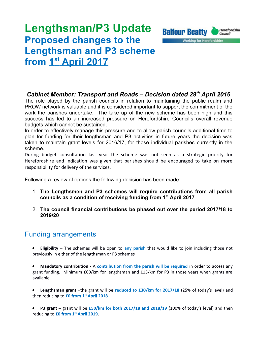 Proposed Changes to the Lengstham and P3 Scheme from 1 April 2017