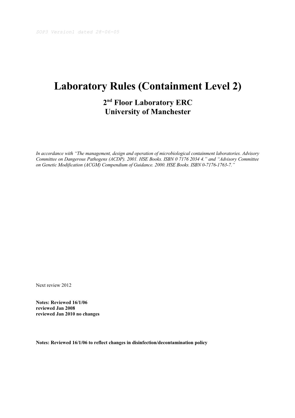 Specimen Laboratory Rules - Example for Containment Level 2 Laboratory