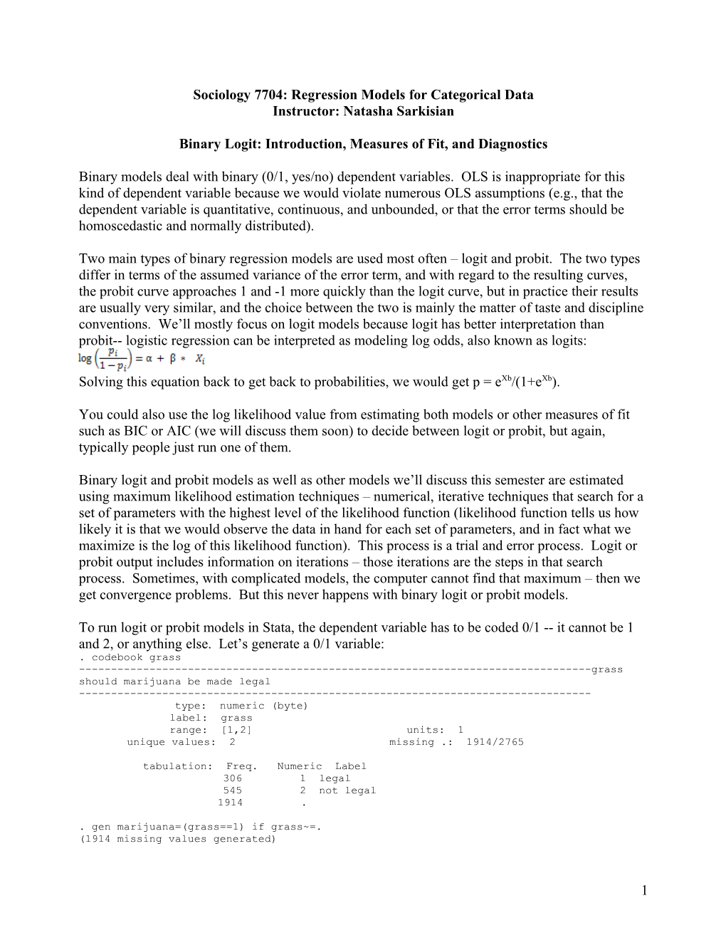 Sociology 7704: Regression Models for Categorical Data s1